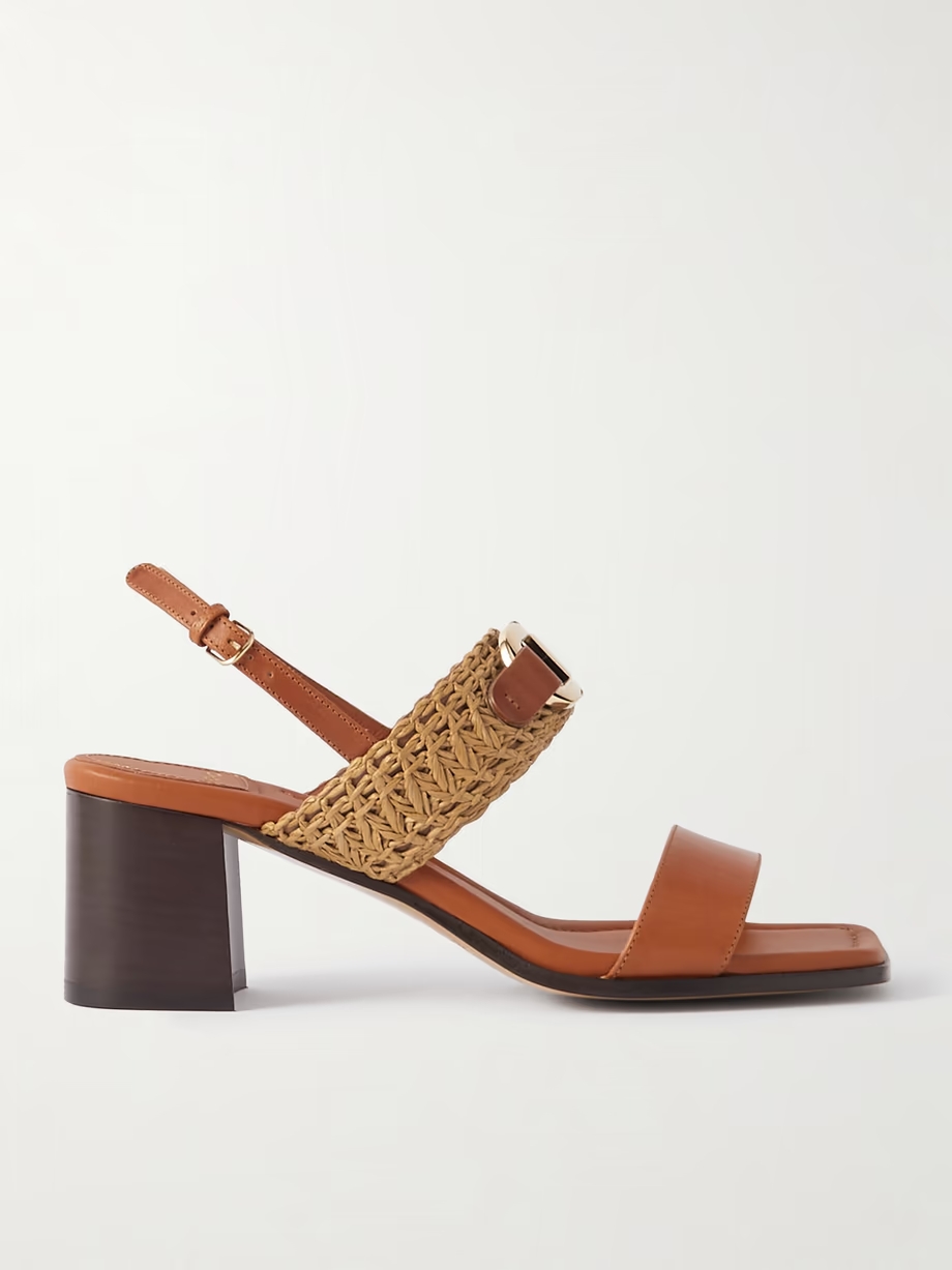 Lou raffia-trimmed embellished leather slingback sandals Lou raffia-trimmed embellished leather slingback sandals