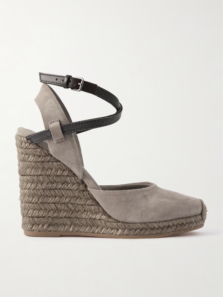 Bead-embellished leather-trimmed suede espadrilles Bead-embellished leather-trimmed suede espadrilles