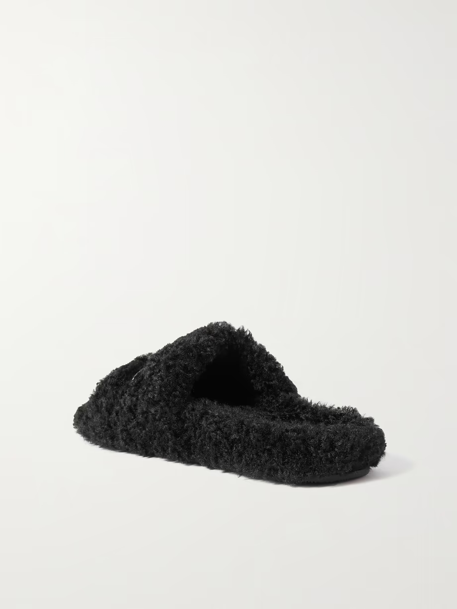 Furry logo-embroidered faux shearling slides