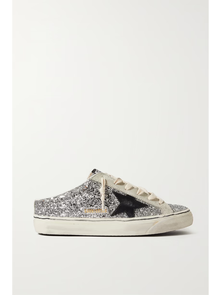 Super-Star Sabot distressed glittered leather and suede slip-on sneakers Super-Star Sabot distressed glittered leather and suede slip-on sneakers