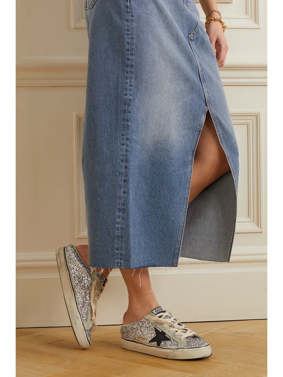 Super-Star Sabot distressed glittered leather and suede slip-on sneakers Super-Star Sabot distressed glittered leather and suede slip-on sneakers