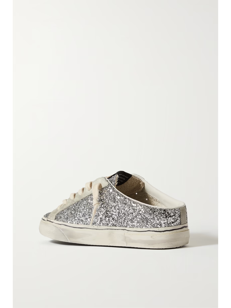 Super-Star Sabot distressed glittered leather and suede slip-on sneakers Super-Star Sabot distressed glittered leather and suede slip-on sneakers