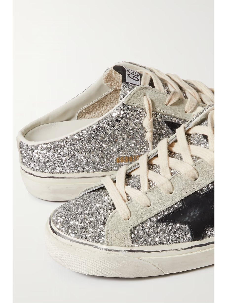 Super-Star Sabot distressed glittered leather and suede slip-on sneakers Super-Star Sabot distressed glittered leather and suede slip-on sneakers