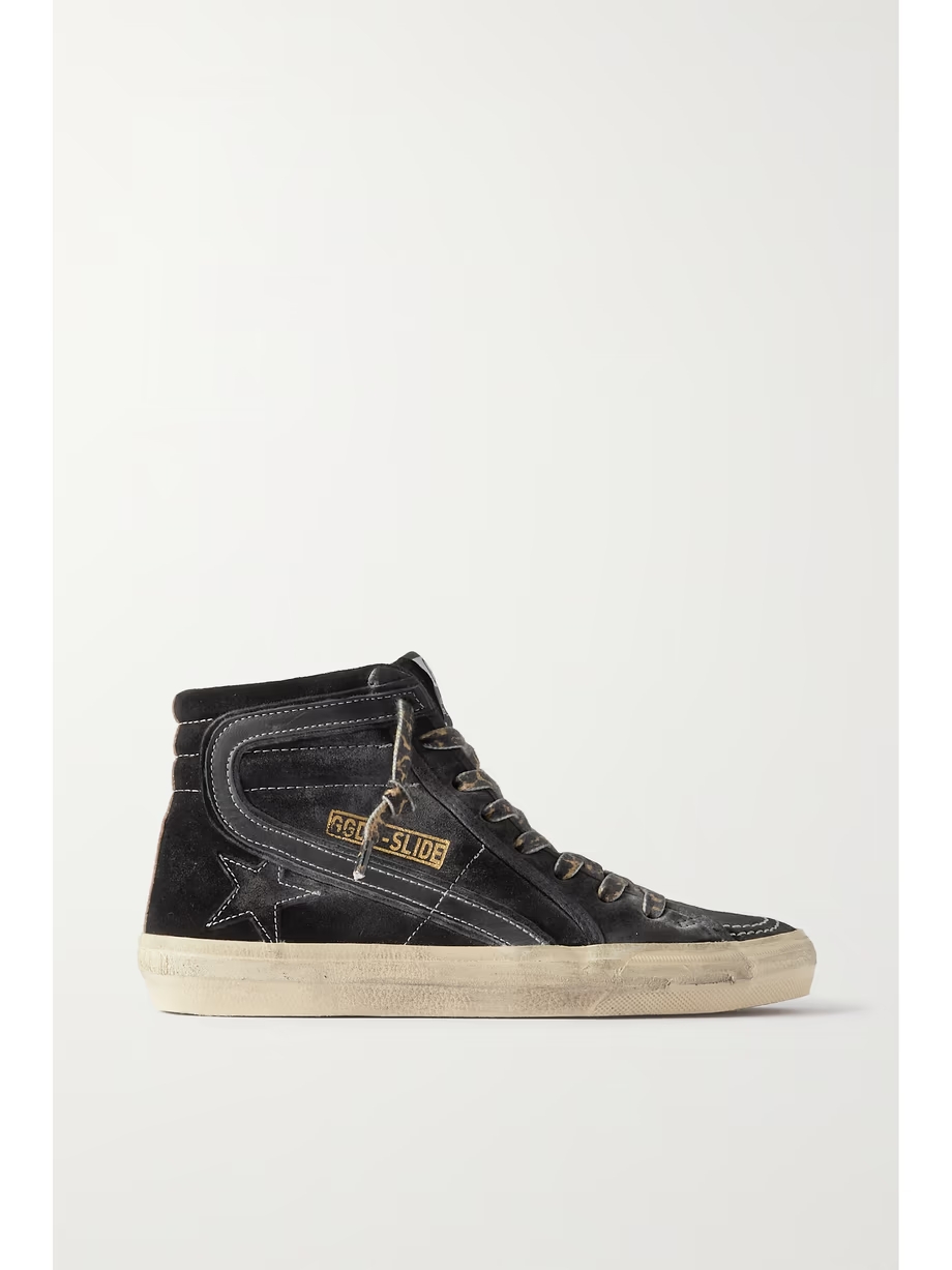 Slide distressed leather-trimmed suede high top sneakers Slide distressed leather-trimmed suede high top sneakers