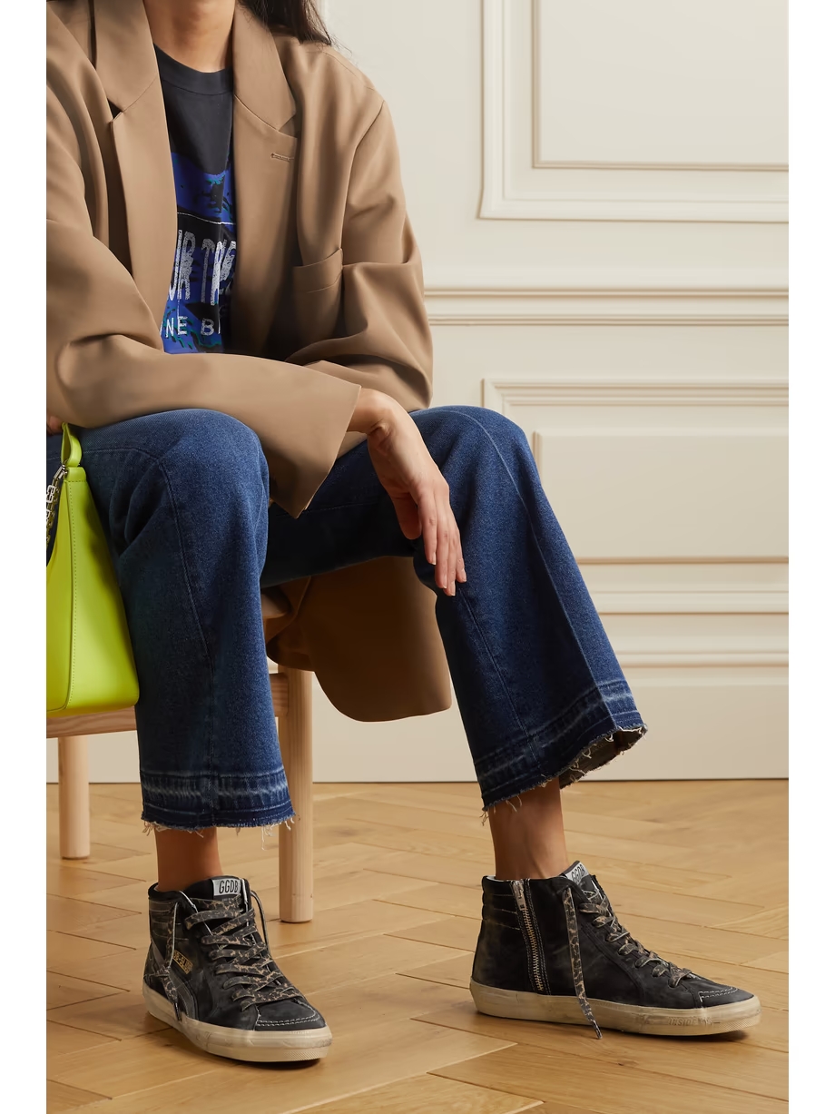 Slide distressed leather-trimmed suede high top sneakers Slide distressed leather-trimmed suede high top sneakers