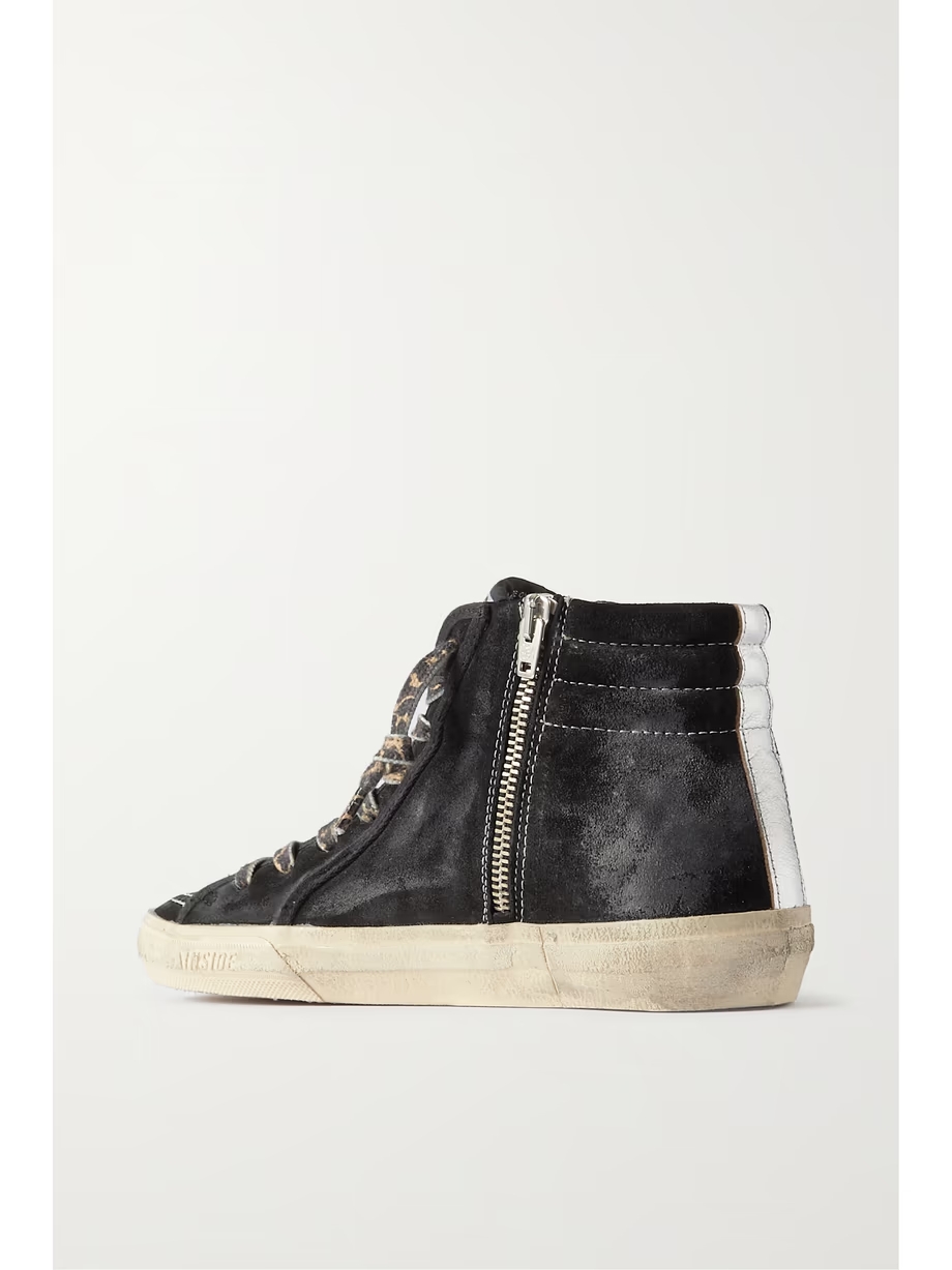 Slide distressed leather-trimmed suede high top sneakers Slide distressed leather-trimmed suede high top sneakers