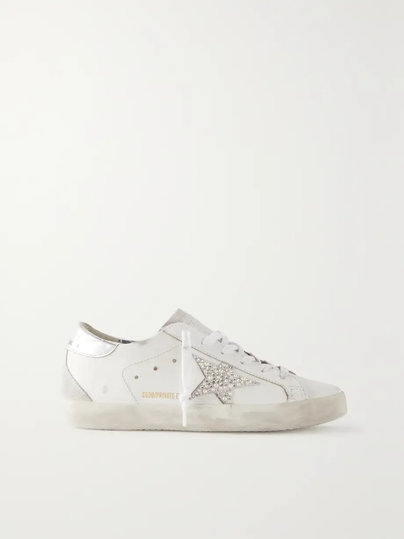 Super-Star embellished distressed suede-trimmed leather sneakers Super-Star embellished distressed suede-trimmed leather sneakers