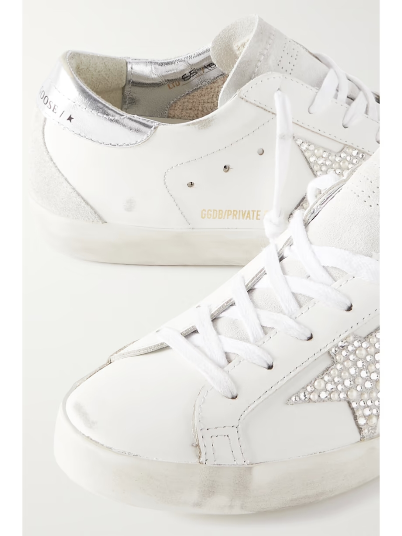 Super-Star embellished distressed suede-trimmed leather sneakers Super-Star embellished distressed suede-trimmed leather sneakers