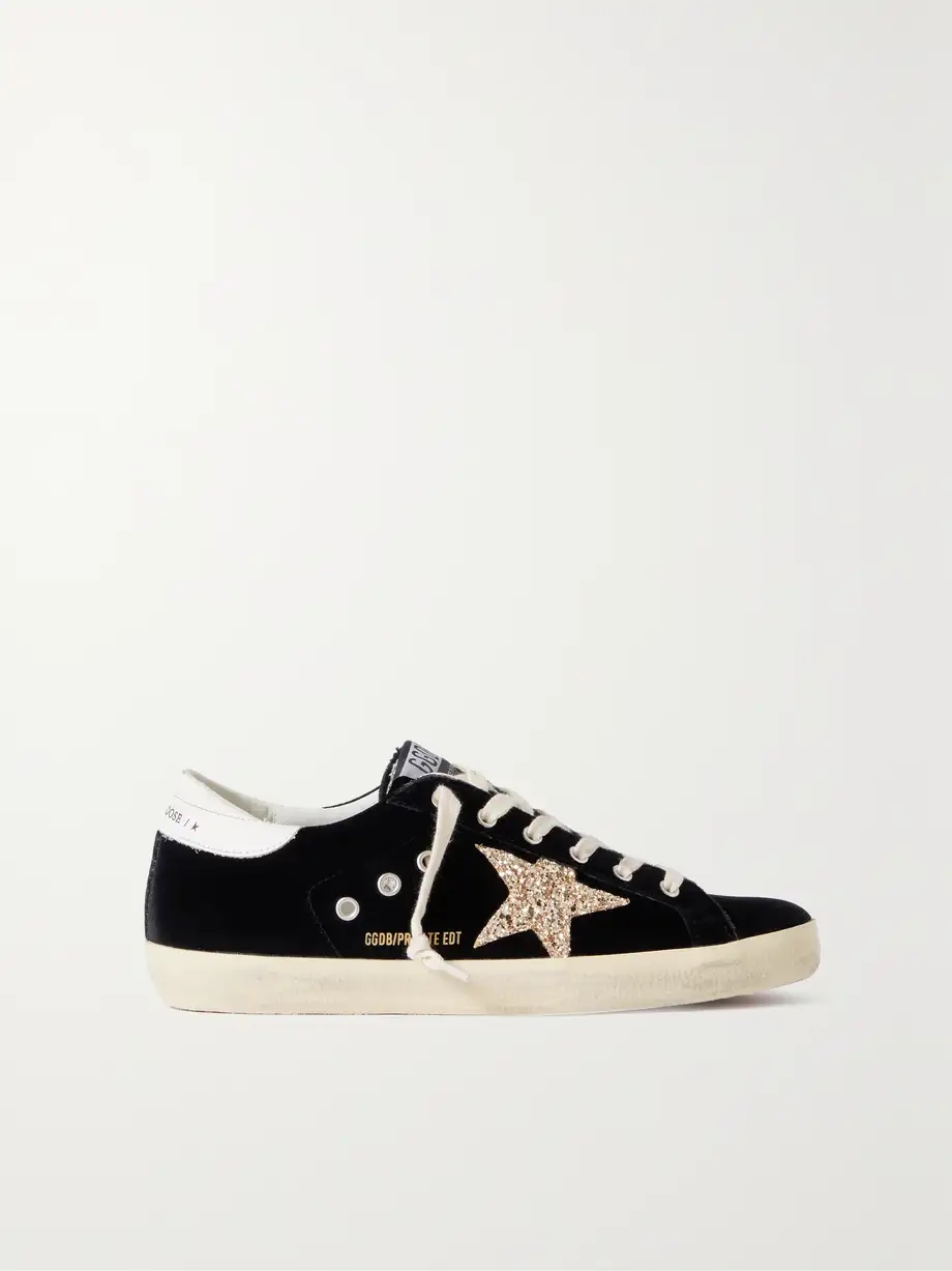 Super-Star eyelet-embellished distressed glittered leather and velvet sneakers Super-Star eyelet-embellished distressed glittered leather and velvet sneakers