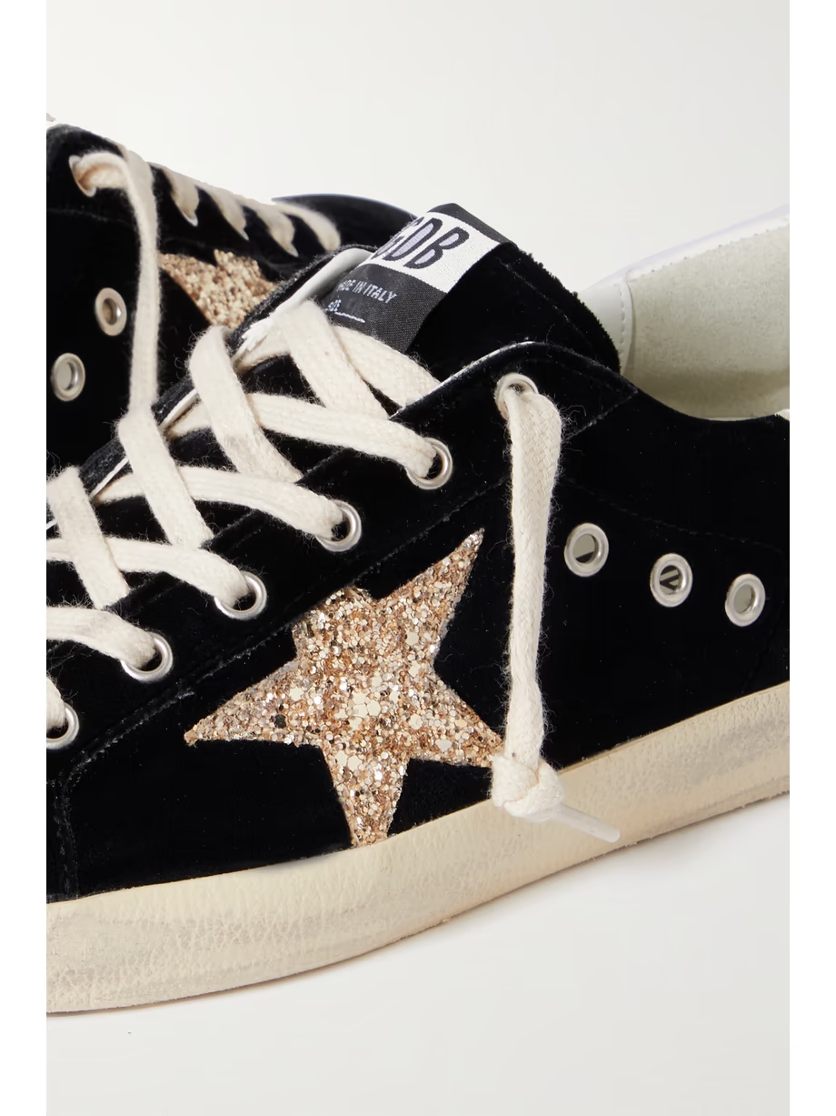 Super-Star eyelet-embellished distressed glittered leather and velvet sneakers Super-Star eyelet-embellished distressed glittered leather and velvet sneakers