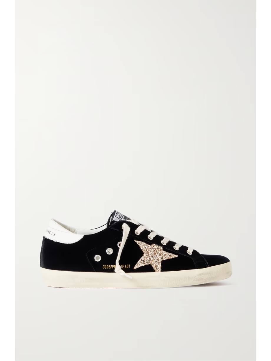 Super-Star eyelet-embellished distressed glittered leather and velvet sneakers Super-Star eyelet-embellished distressed glittered leather and velvet sneakers