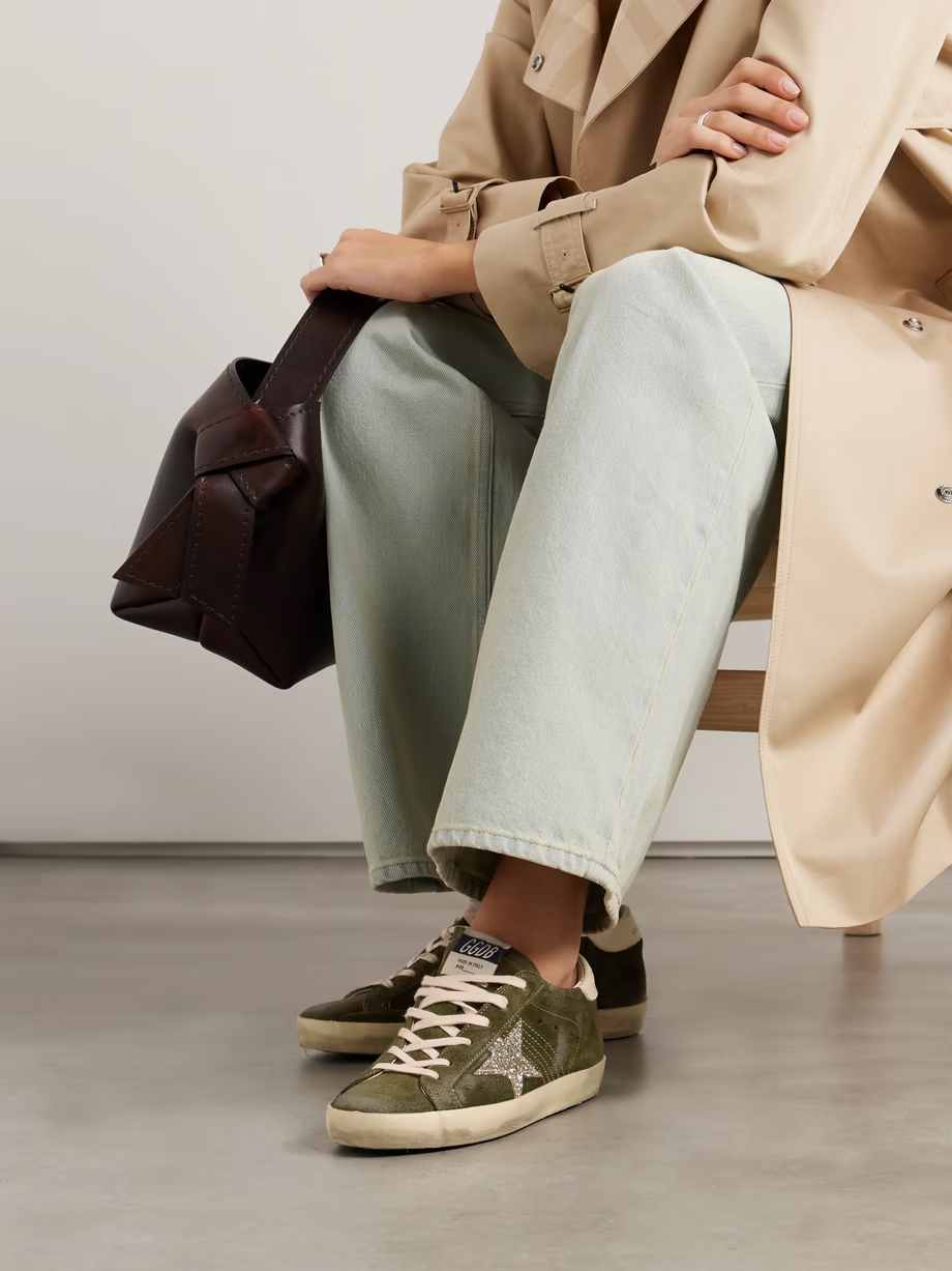 Super-Star leather-trimmed glittered distressed suede sneakers Super-Star leather-trimmed glittered distressed suede sneakers