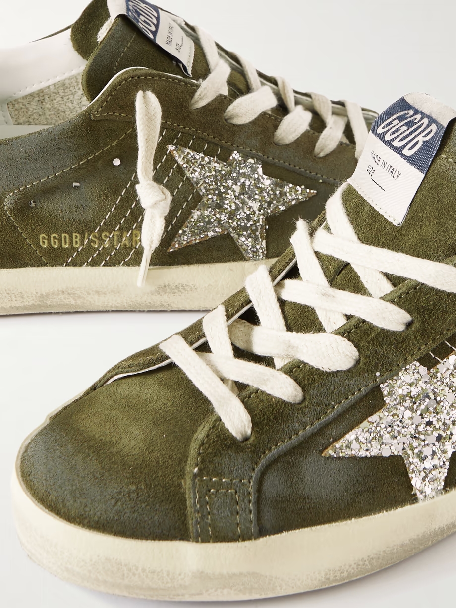 Super-Star leather-trimmed glittered distressed suede sneakers Super-Star leather-trimmed glittered distressed suede sneakers