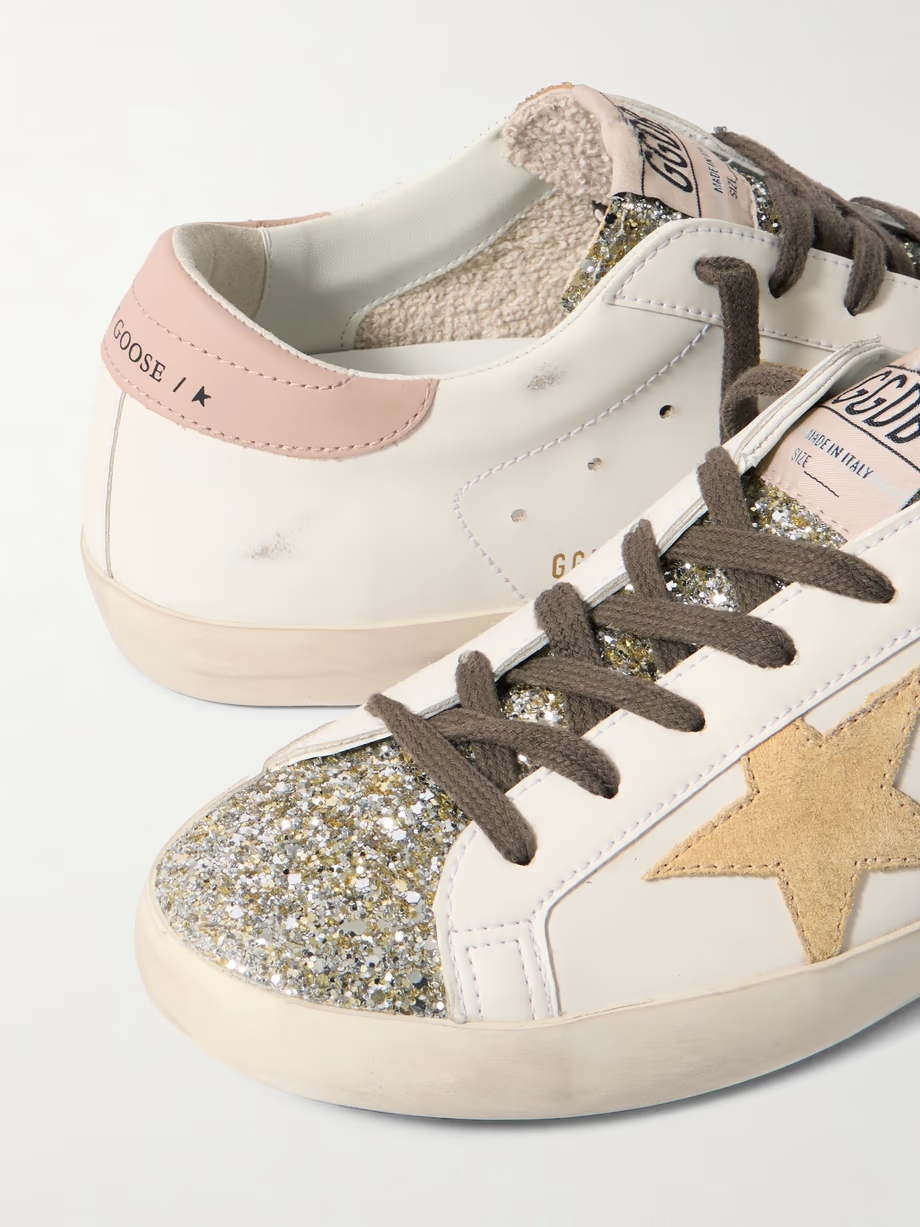 Super-Star distressed suede-trimmed glittered leather sneakers Super-Star distressed suede-trimmed glittered leather sneakers