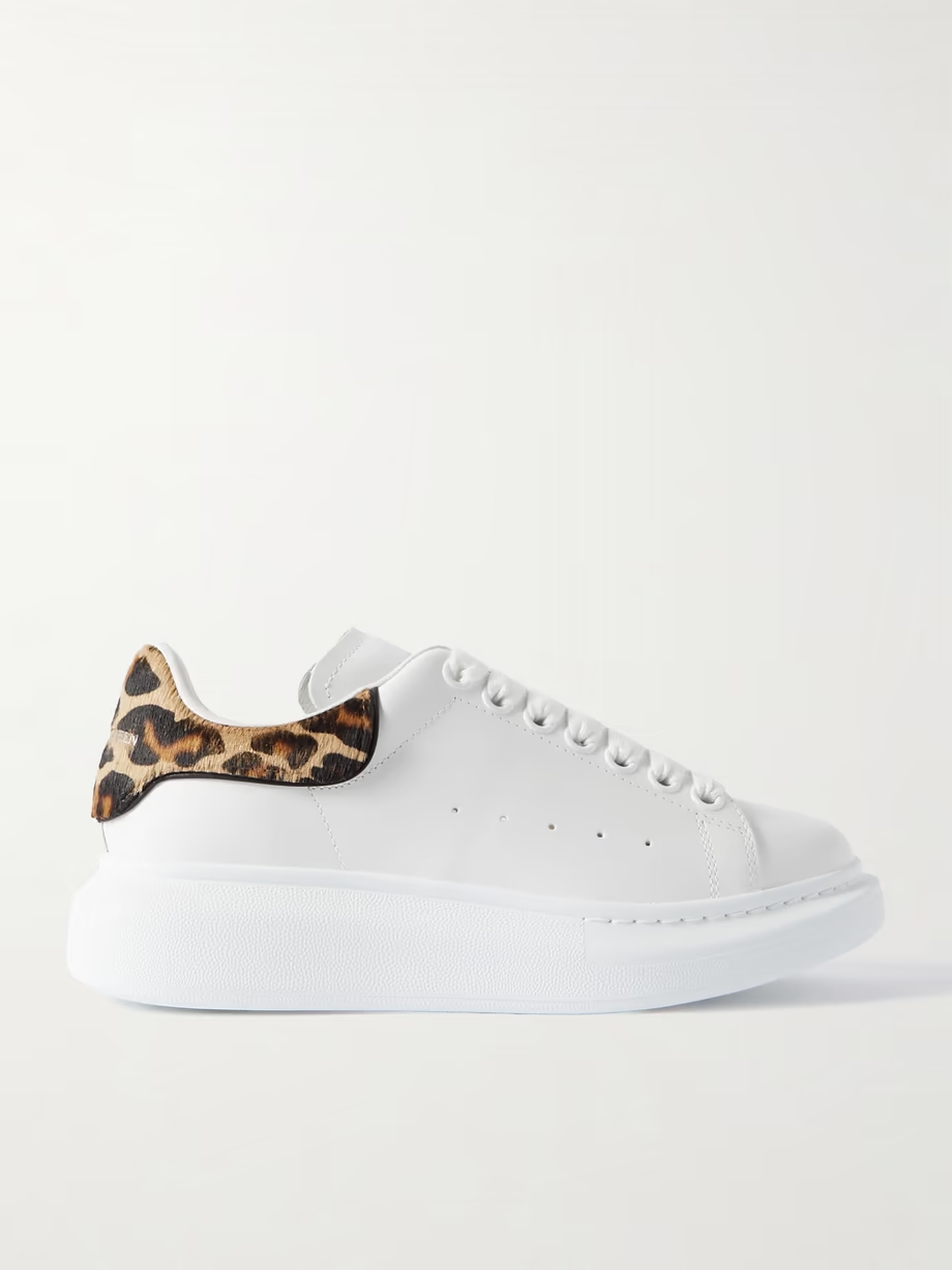 Leopard-print calf hair-trimmed leather exaggerated-sole sneakers Leopard-print calf hair-trimmed leather exaggerated-sole sneakers