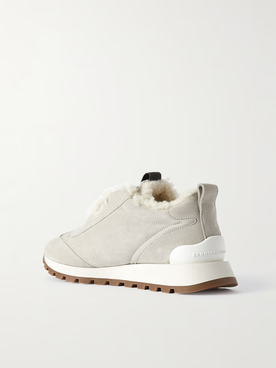 Bead-embellished shearling-trimmed suede slip-on sneakers Bead-embellished shearling-trimmed suede slip-on sneakers