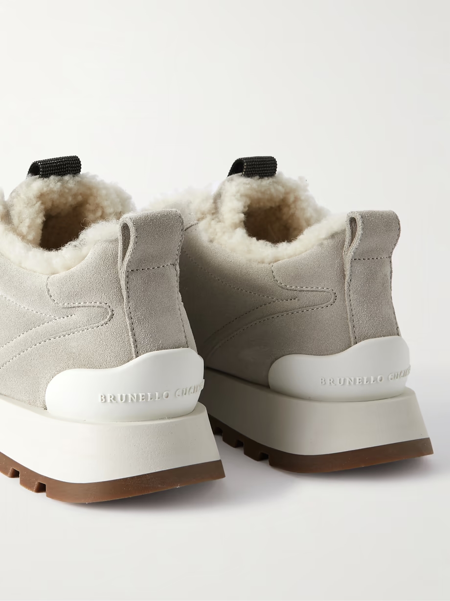 Bead-embellished shearling-trimmed suede slip-on sneakers Bead-embellished shearling-trimmed suede slip-on sneakers