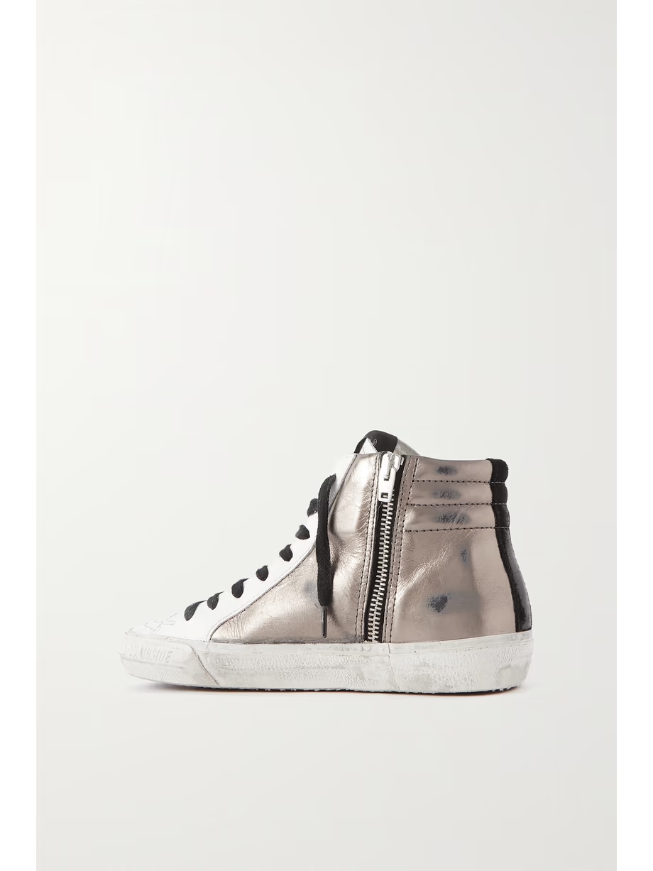 Slide distressed suede-trimmed leather and Lurex high-top sneakers