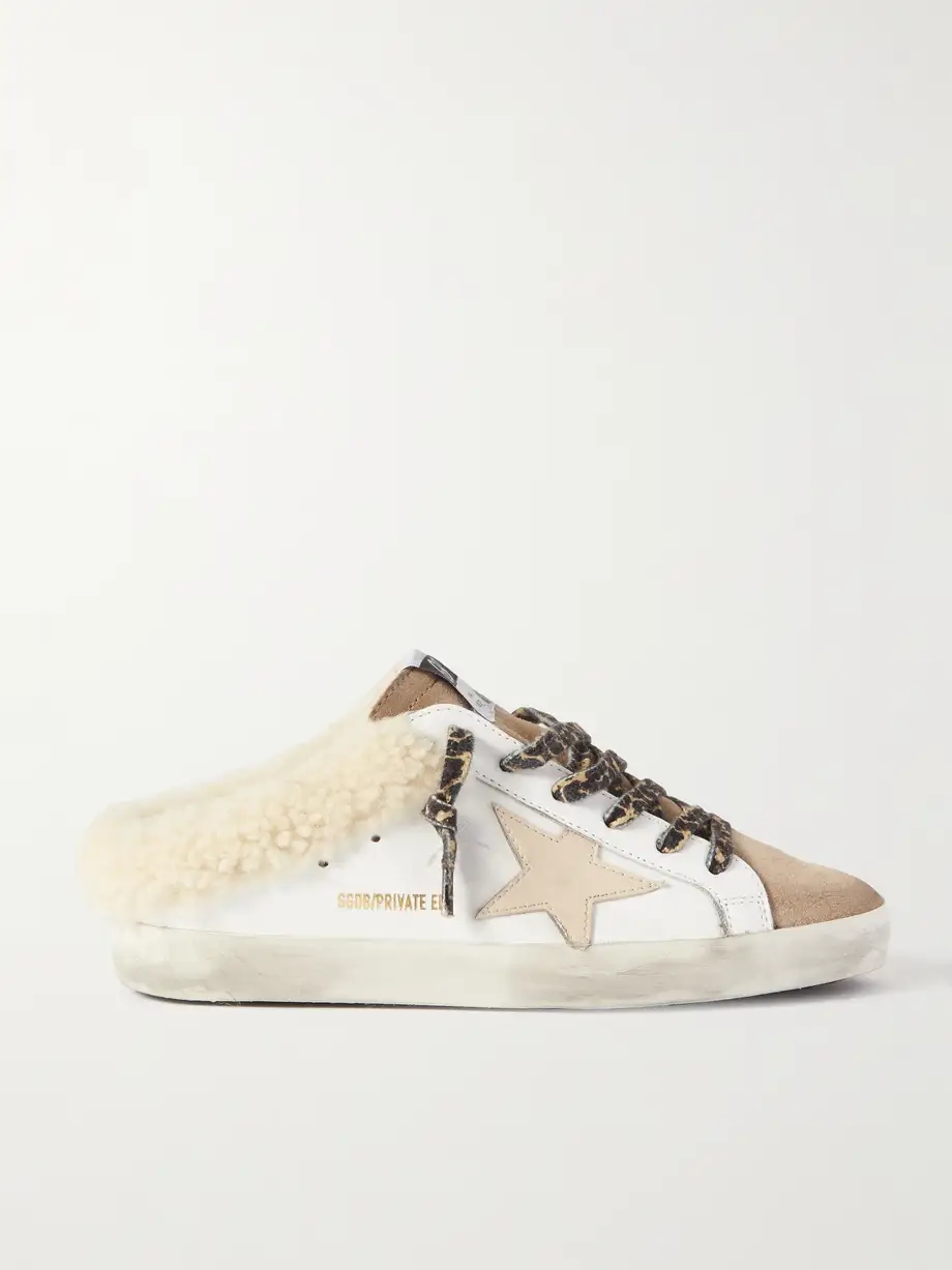 Superstar Sabot shearling-lined distressed leather and suede slip-on sneakers Superstar Sabot shearling-lined distressed leather and suede slip-on sneakers