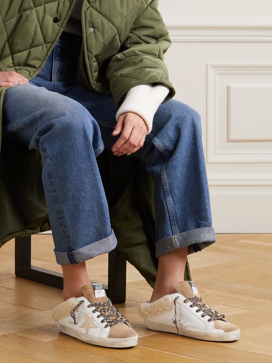 Superstar Sabot shearling-lined distressed leather and suede slip-on sneakers Superstar Sabot shearling-lined distressed leather and suede slip-on sneakers