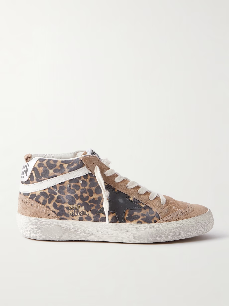 Mid Star distressed leather-trimmed leopard-print suede sneakers Mid Star distressed leather-trimmed leopard-print suede sneakers
